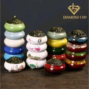 Lư Xông Trầm Gốm Sứ – kèm bột và nụ trầm